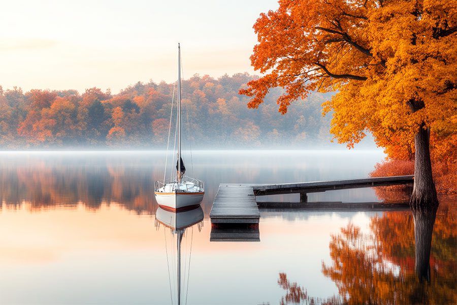 Clear Lake, IA Insurance - Photo of Lake with Sailboat and Foliage